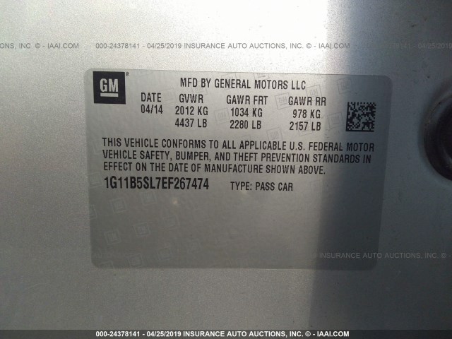 1G11B5SL7EF267474 - 2014 CHEVROLET MALIBU LS SILVER photo 9