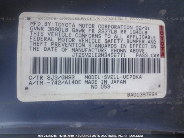 JT2SV21E2M3456711 - 1991 TOYOTA CAMRY DLX ლურჯი ფოტო 9