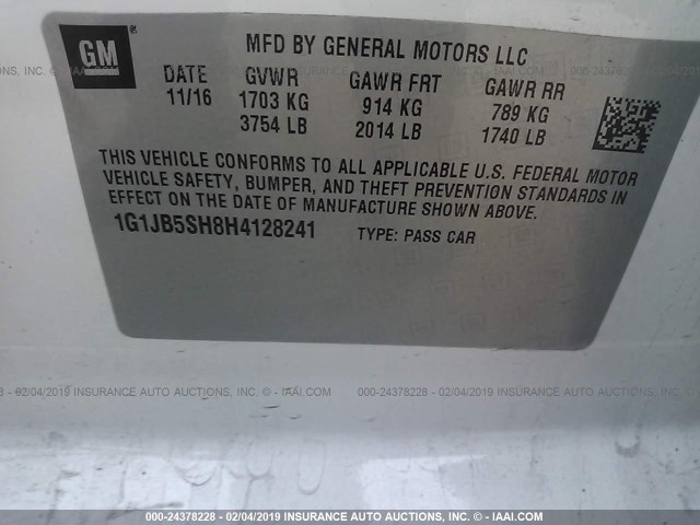 1G1JB5SH8H4128241 - 2017 CHEVROLET SONIC LS WHITE photo 9