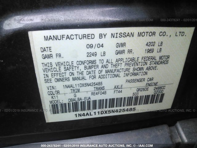 1N4AL11DX5N425485 - 2005 NISSAN ALTIMA S/SL GRAY photo 9