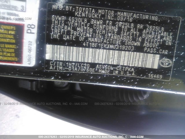 4T1BF1FKXHU319203 - 2017 TOYOTA CAMRY LE/XLE/SE/XSE მწვანე ფოტო 9