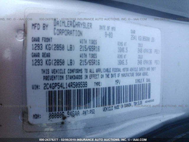 2C4GP54L14R509599 - 2004 CHRYSLER TOWN & COUNTRY TOURING SILVER photo 9