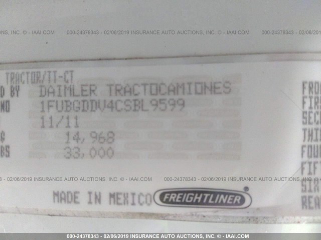 1FUBGDDV4CSBL9599 - 2012 FREIGHTLINER CASCADIA 125  WHITE photo 9