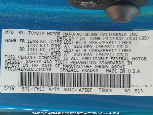 5TELU42N68Z584059 - 2008 TOYOTA TACOMA DOUBLE CAB 蓝色 照片 9