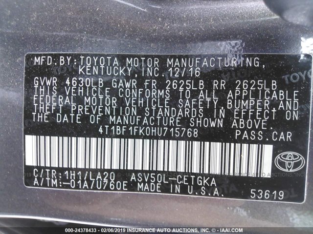 4T1BF1FK0HU715768 - 2017 TOYOTA CAMRY LE/XLE/SE/XSE ნაცრისფერი ფოტო 9