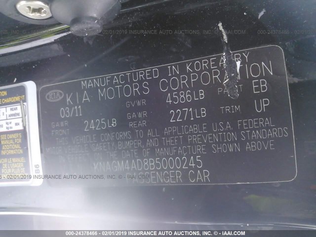 KNAGM4AD8B5000245 - 2011 KIA OPTIMA HYBRID BLACK photo 9