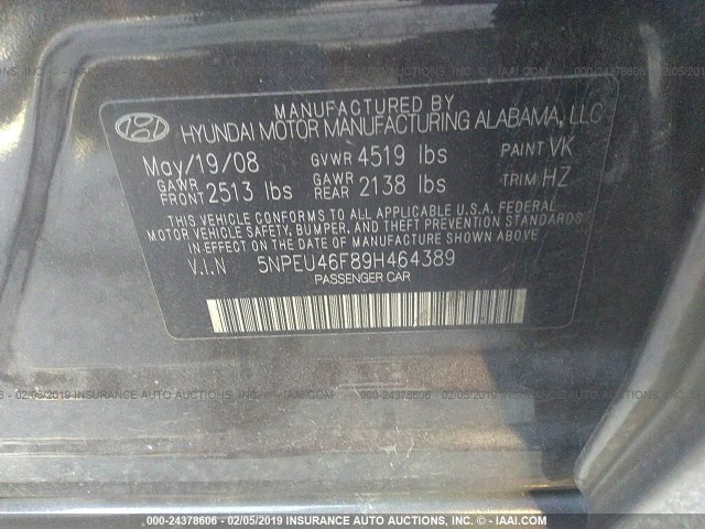 5NPEU46F89H464389 - 2009 HYUNDAI SONATA SE/LIMITED BLACK photo 9