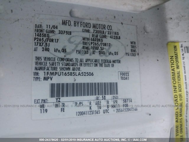 1FMPU16585LA52506 - 2005 FORD EXPEDITION XLT WHITE photo 9