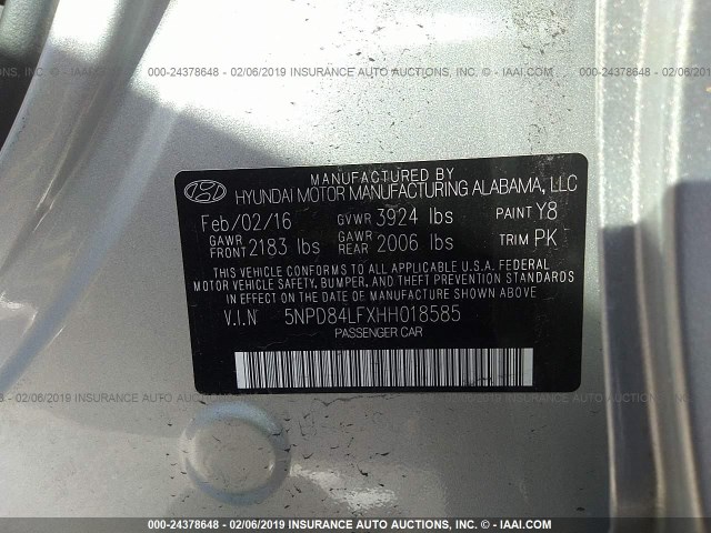 5NPD84LFXHH018585 - 2017 HYUNDAI ELANTRA SE/VALUE/LIMITED SILVER photo 9