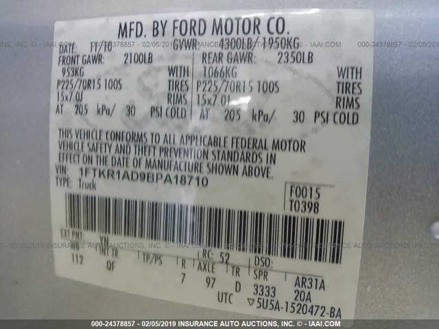 1FTKR1AD9BPA18710 - 2011 FORD RANGER SILVER photo 9