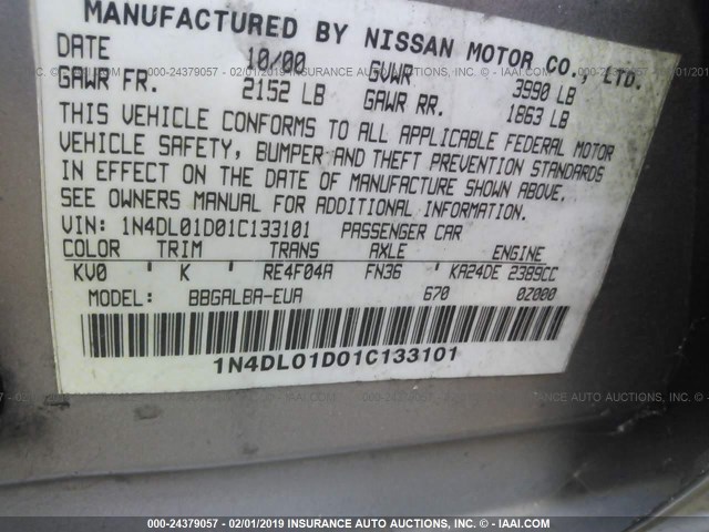 1N4DL01D01C133101 - 2001 NISSAN ALTIMA XE/GXE/SE SILVER photo 9