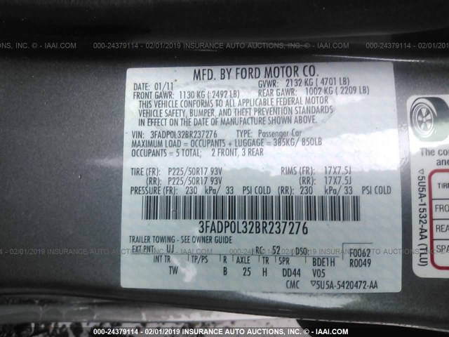 3FADP0L32BR237276 - 2011 FORD FUSION HYBRID GRAY photo 9