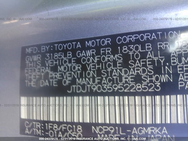 JTDJT903595228523 - 2009 TOYOTA YARIS GRAY photo 9