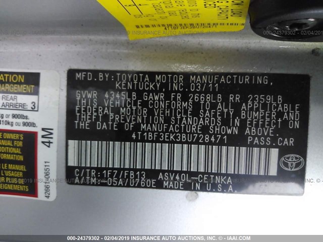 4T1BF3EK3BU728471 - 2011 TOYOTA CAMRY SE/LE/XLE SILVER photo 9