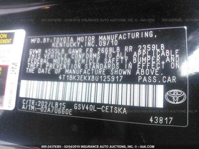 4T1BK3EKXBU125917 - 2011 TOYOTA CAMRY SE/LE/XLE 黑色 照片 9