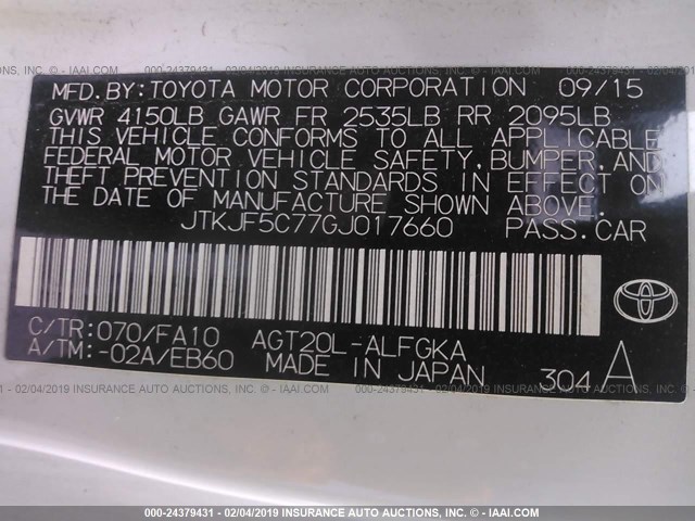 JTKJF5C77GJ017660 - 2016 TOYOTA SCION TC თეთრი ფოტო 9