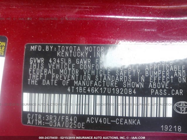 4T1BE46K17U192084 - 2007 TOYOTA CAMRY NEW GENERAT CE/LE/XLE/SE RED photo 9