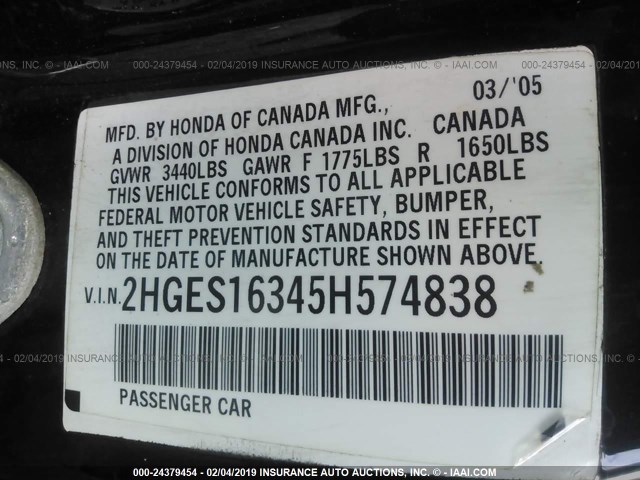 2HGES16345H574838 - 2005 HONDA CIVIC DX VP BLACK photo 9