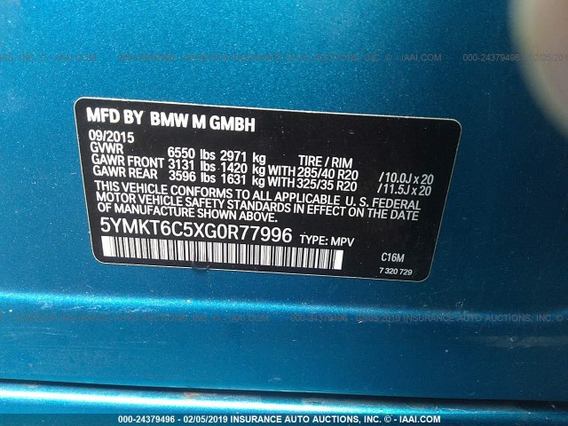 5YMKT6C5XG0R77996 - 2016 BMW X5 M Light Blue photo 9