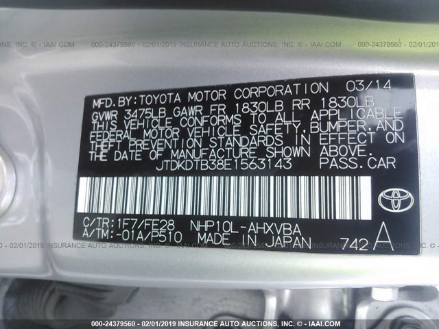 JTDKDTB38E1563143 - 2014 TOYOTA PRIUS C SILVER photo 9