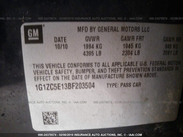 1G1ZC5E13BF203504 - 2011 CHEVROLET MALIBU 1LT ლურჯი ფოტო 9