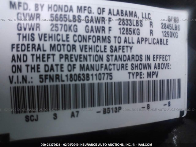 5FNRL18063B110775 - 2003 HONDA ODYSSEY EXL BLUE photo 9