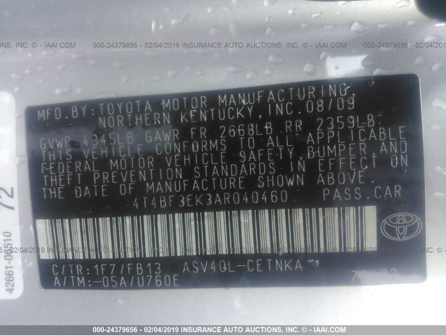 4T4BF3EK3AR040460 - 2010 TOYOTA CAMRY SE/LE/XLE SILVER photo 9