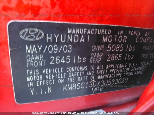 KM8SC13DX3U533020 - 2003 HYUNDAI SANTA FE GLS/LX RED photo 9