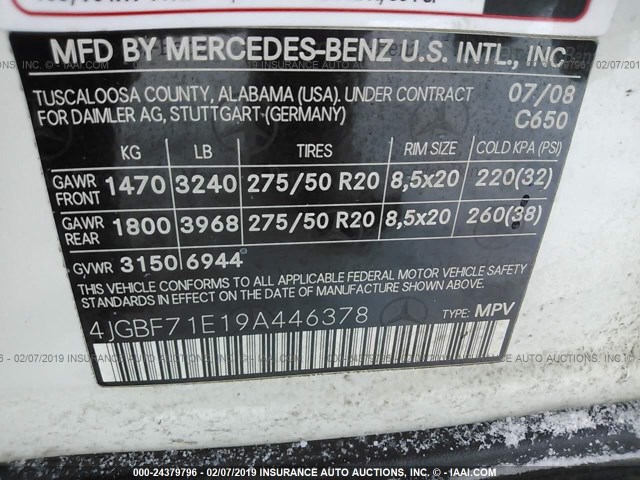 4JGBF71E19A446378 - 2009 MERCEDES-BENZ GL 450 4MATIC WHITE photo 9