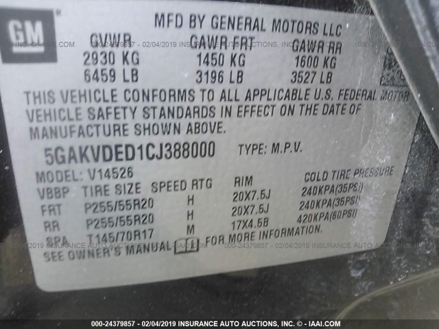 5GAKVDED1CJ388000 - 2012 BUICK ENCLAVE BLACK photo 9