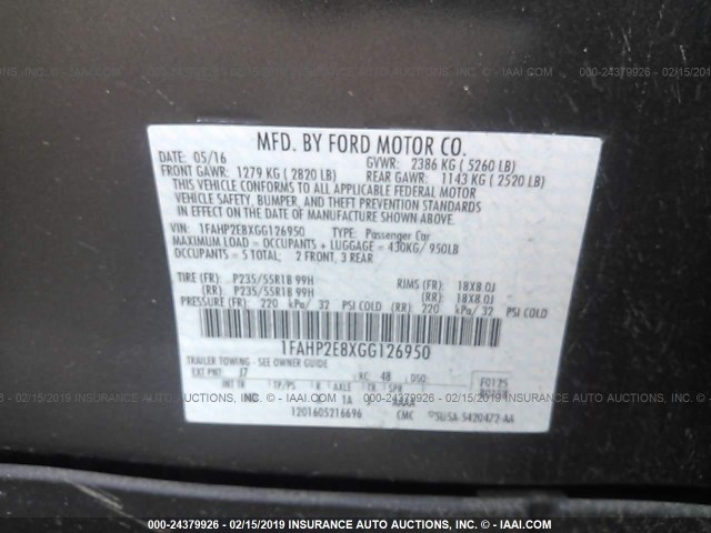 1FAHP2E8XGG126950 - 2016 FORD TAURUS SEL GRAY photo 9