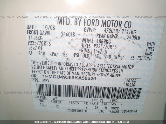 1FMCU49369KA58620 - 2009 FORD ESCAPE HYBRID WHITE photo 9