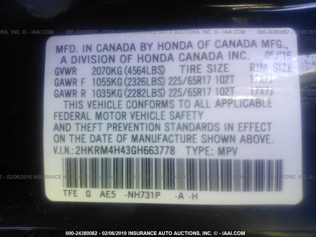 2HKRM4H43GH663778 - 2016 HONDA CR-V SE BLACK photo 9