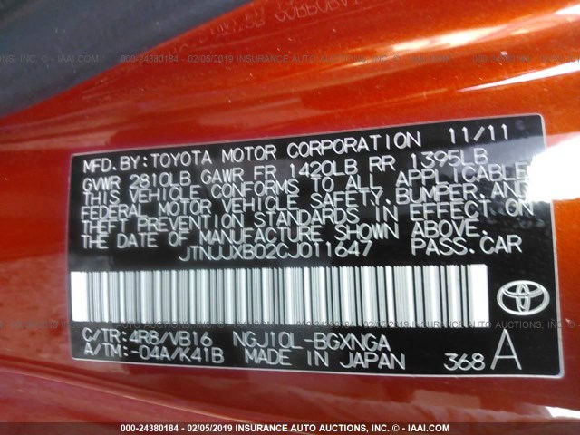 JTNJJXB02CJ011647 - 2012 TOYOTA SCION IQ ORANGE photo 9