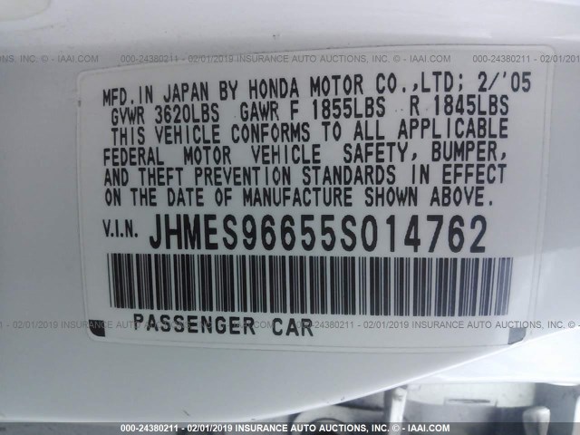 JHMES96655S014762 - 2005 HONDA CIVIC HYBRID WHITE photo 9