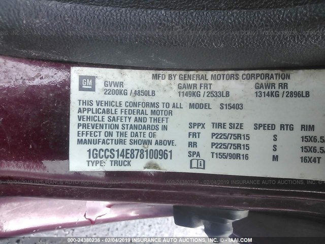 1GCCS14E878100961 - 2007 CHEVROLET COLORADO MAROON photo 9