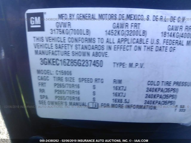 3GKEC16Z85G237450 - 2005 GMC YUKON XL C1500 BLUE photo 9