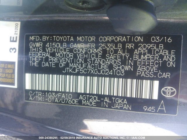 JTKJF5C7XGJ024103 - 2016 TOYOTA SCION TC ნაცრისფერი ფოტო 9