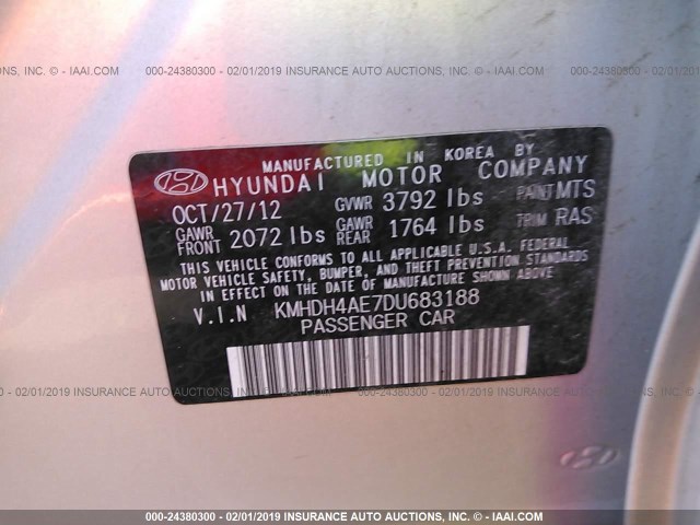 KMHDH4AE7DU683188 - 2013 HYUNDAI ELANTRA GLS/LIMITED SILVER photo 9