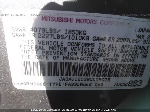 JA3AU16U39U008025 - 2009 MITSUBISHI LANCER DE GRAY photo 9