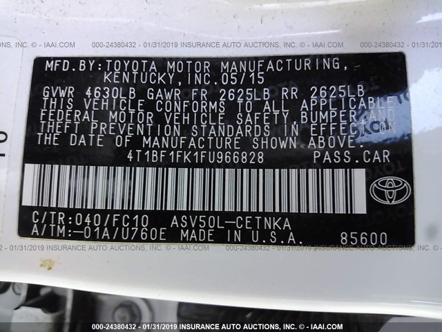 4T1BF1FK1FU966828 - 2015 TOYOTA CAMRY LE/XLE/SE/XSE 白色 照片 9