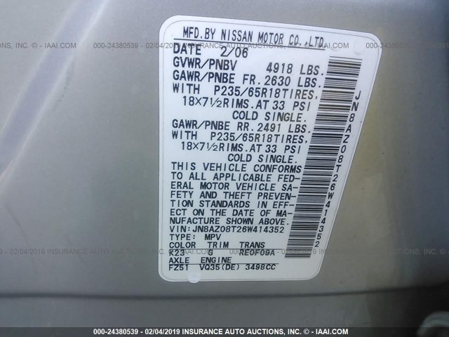 JN8AZ08T26W414352 - 2006 NISSAN MURANO SL/SE/S SILVER photo 9