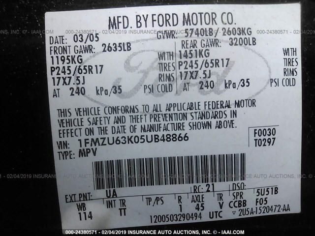 1FMZU63K05UB48866 - 2005 FORD EXPLORER XLT/XLT SPORT/NBX Qara foto 9