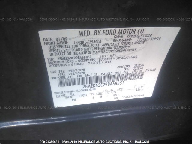 2FMEK63C29BA68851 - 2009 FORD FLEX LIMITED BLACK photo 9