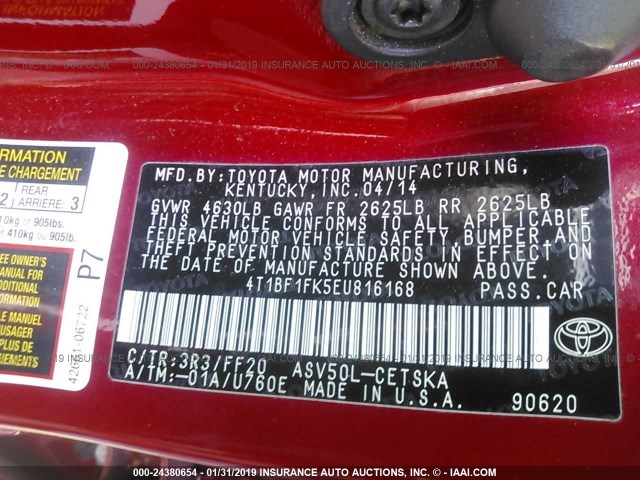 4T1BF1FK5EU816168 - 2014 TOYOTA CAMRY L/SE/LE/XLE 红色 照片 9