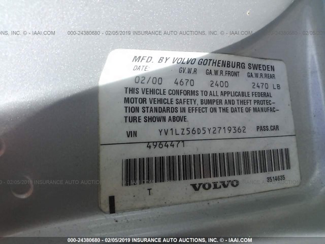 YV1LZ56D5Y2719362 - 2000 VOLVO V70 XC/SE SILVER photo 9