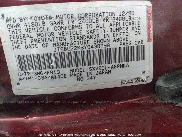 JT2BG22K8Y0438798 - 2000 TOYOTA CAMRY CE/LE/XLE MAROON photo 9