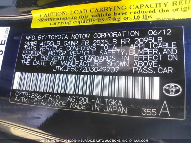 JTKJF5C72D3049707 - 2013 TOYOTA SCION TC ლურჯი ფოტო 9