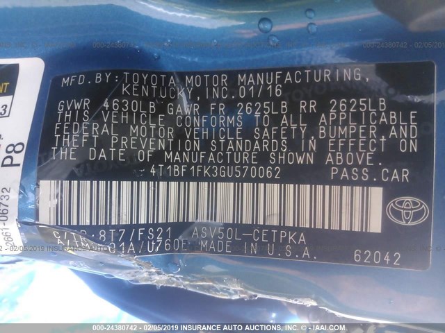 4T1BF1FK3GU570062 - 2016 TOYOTA CAMRY LE/XLE/SE/XSE 蓝色 照片 9