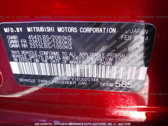 JA32W8FV1EU020748 - 2014 MITSUBISHI LANCER EVOLUTION GSR RED photo 9